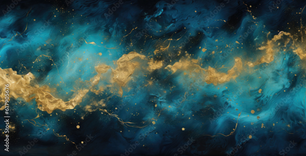 Poster background with abstract sparkles on blue background. golden glitter particles on dark background. a