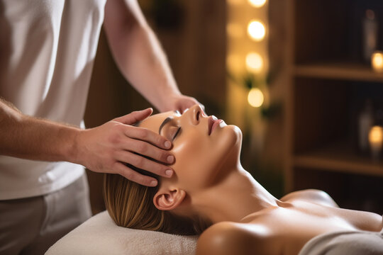Spa Massage. Young Woman Getting Facial Massage. High quality photo