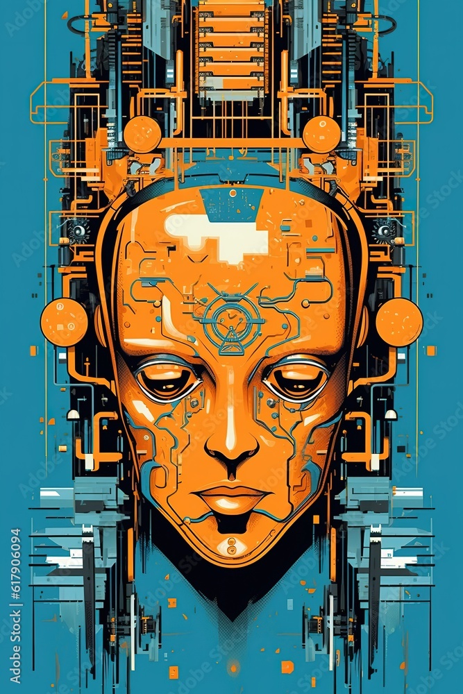 Poster a poster with the face of a lady and the image of a machine in the backdrop