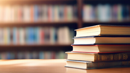 Book stack on wood desk and blurred bookshelf in the library room.Created with Generative AI technology.