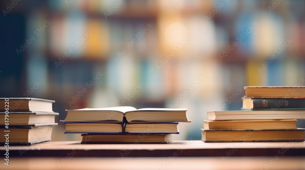 Poster book stack on wood desk and blurred bookshelf in the library room.created with generative ai technol