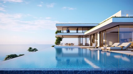 Fototapeta na wymiar Modern luxury pool villa with sea view background.3d rendering