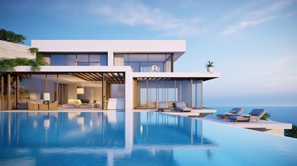 Modern luxury pool villa with sea view background.3d rendering