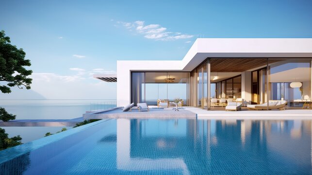 Modern luxury pool villa with sea view background.3d rendering