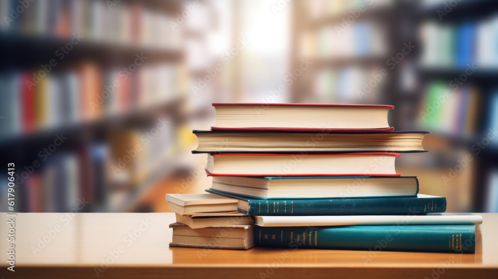 Poster book stack on wood desk and blurred bookshelf in the library room.created with generative ai technol