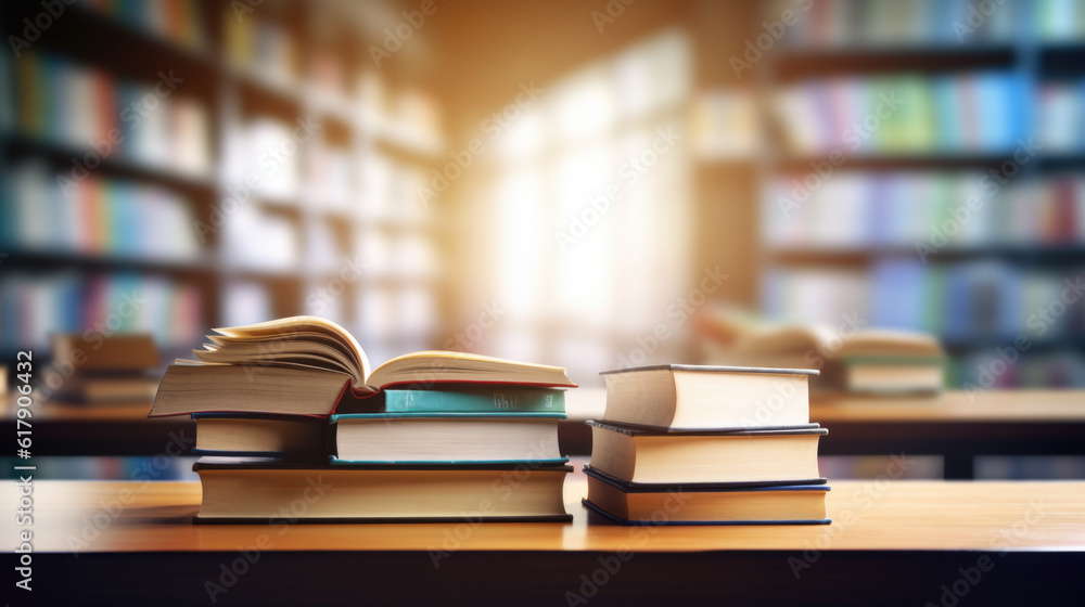 Poster book stack on wood desk and blurred bookshelf in the library room.created with generative ai technol