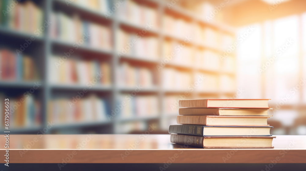 Poster book stack on wood desk and blurred bookshelf in the library room.created with generative ai technol