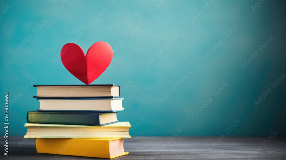 Poster red paper heart on stack of books on blue background.created with generative ai technology.