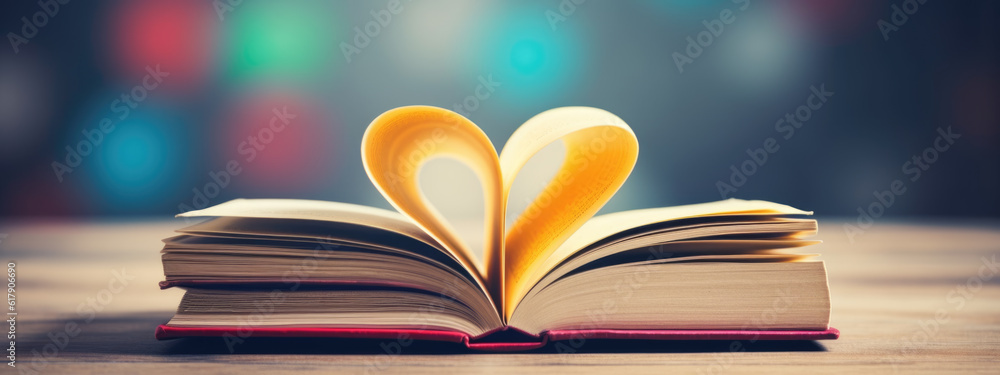 Poster open book pages in shape of heart on blurred blue background.created with generative ai technology.