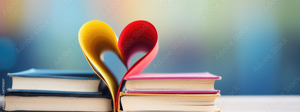 Poster open book with curled leaves in the shape of a heart on blurred background.created with generative a