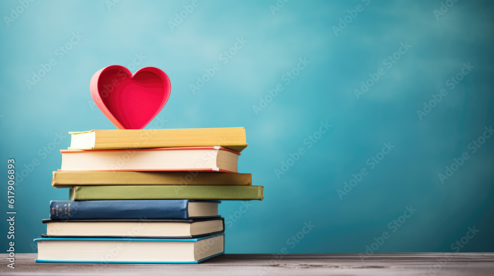 Poster red paper heart on stack of books on blue background.created with generative ai technology.