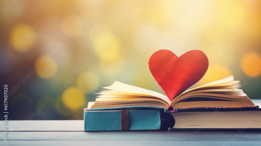 Poster red paper heart on open book on blurred background.created with generative ai technology.
