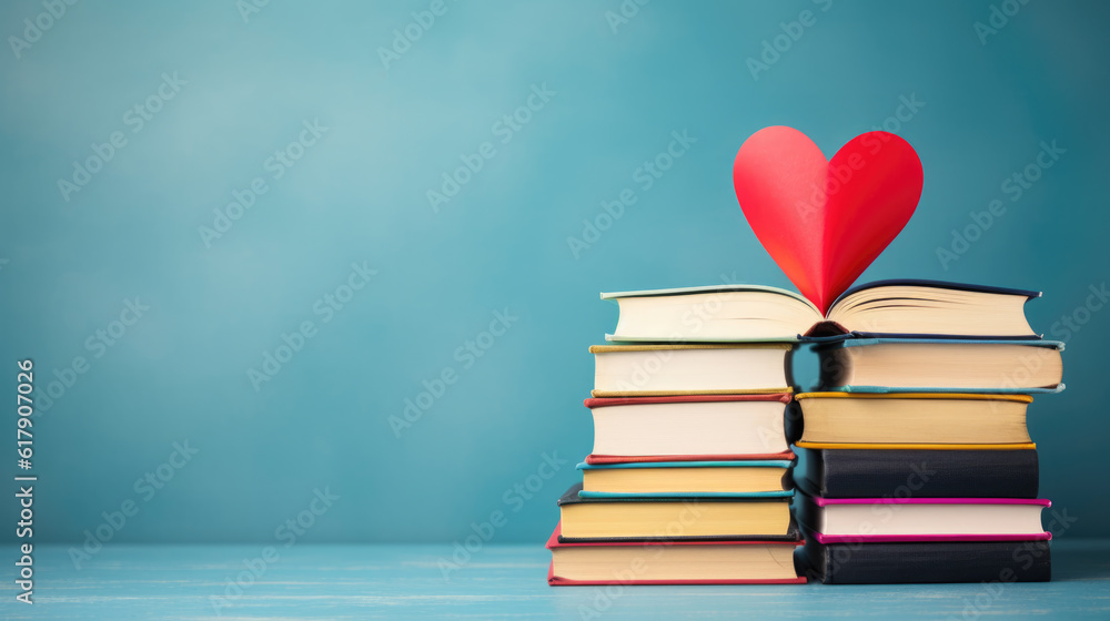 Poster red paper heart on stack of books on blue background.created with generative ai technology.
