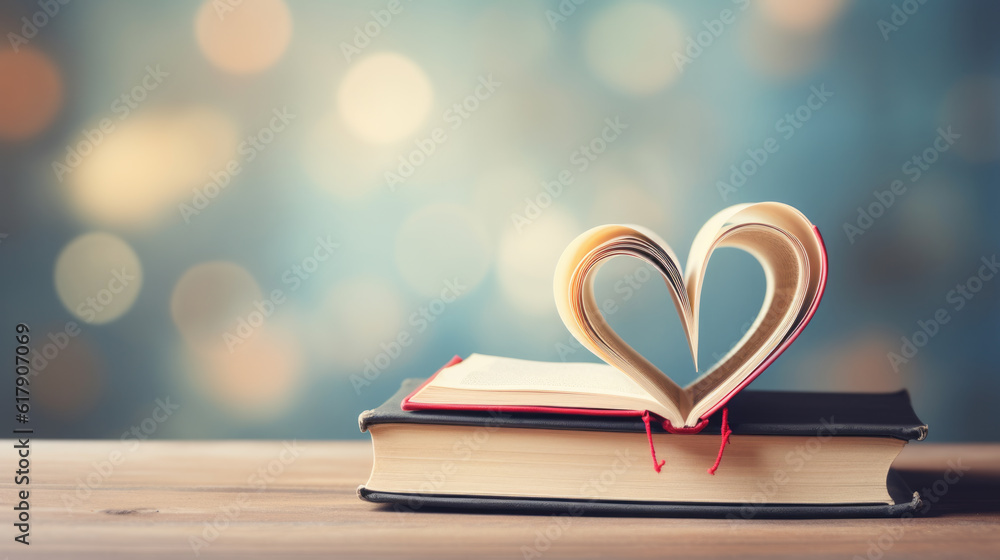 Poster open book pages in shape of heart on blurred blue background.created with generative ai technology.