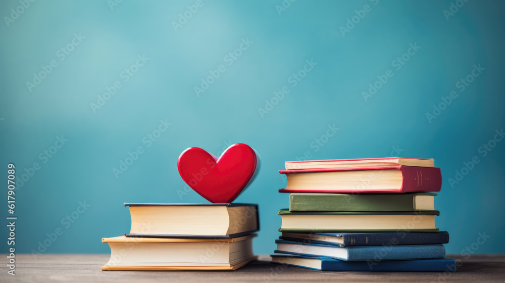 Poster red paper heart on stack of books on blue background.created with generative ai technology.