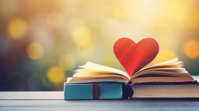Red paper heart on open book on blurred background.Created with Generative AI technology.