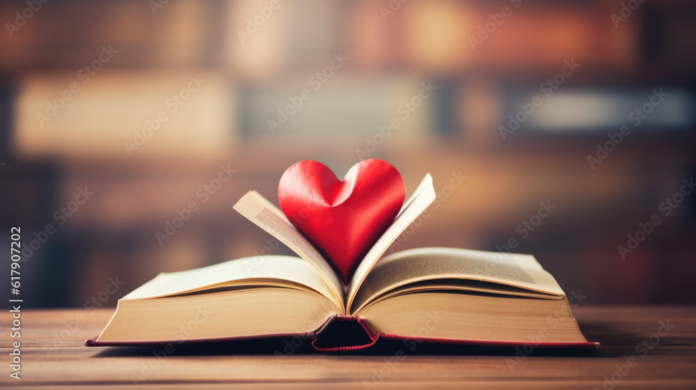 Poster red paper heart on open book on blurred library background.created with generative ai technology.