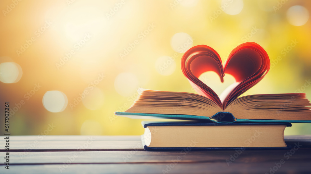 Poster open book pages in shape of heart on blurred nature background.created with generative ai technology