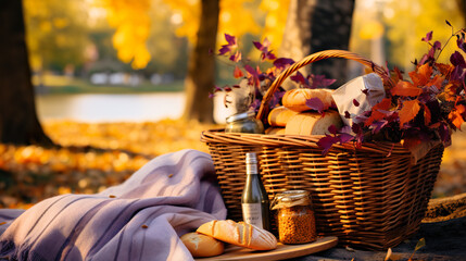 A picnic basket with a bottle of wine and bread. Generative AI.