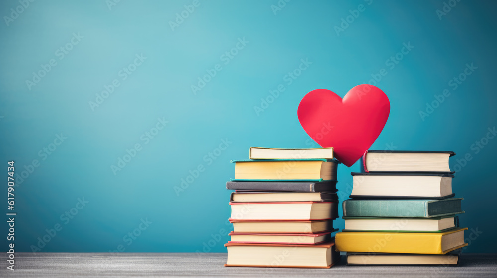 Poster red paper heart on stack of books on blue background.created with generative ai technology.