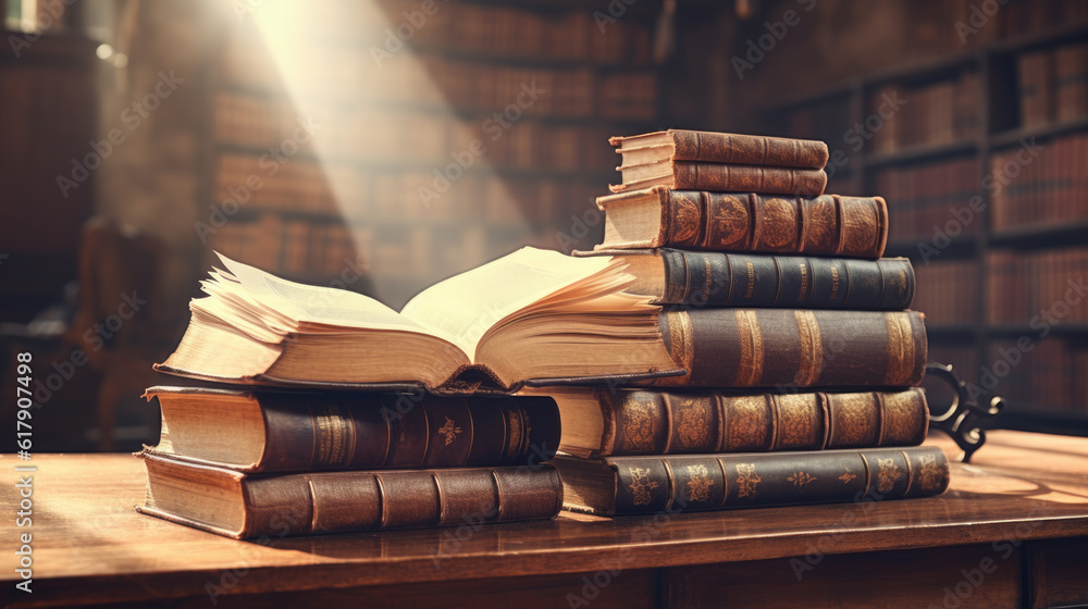 Poster opened old book on wooden table in library and ray of light.created with generative ai technology.