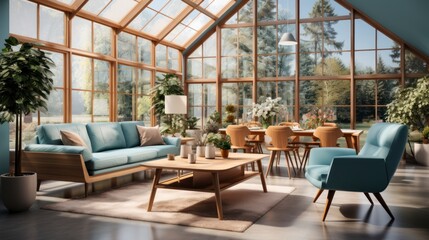 Fototapeta premium Home interior mock-up with turquoise armchairs, table and pampas, 3d render. Created with generative AI.