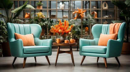 Fototapeta premium Home interior mock-up with turquoise armchairs, table and pampas, 3d render. Created with generative AI.
