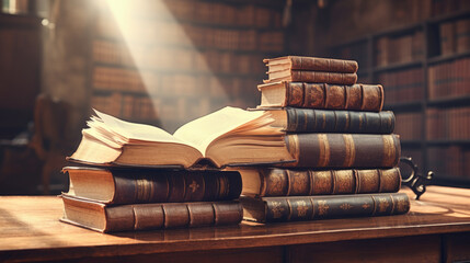 Opened Old book on wooden table in library and ray of light.Created with Generative AI technology.