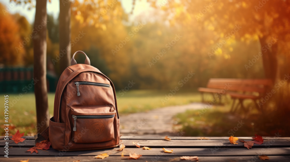 Poster backpack with accessories against a backdrop of autumn nature.created with generative ai technology.
