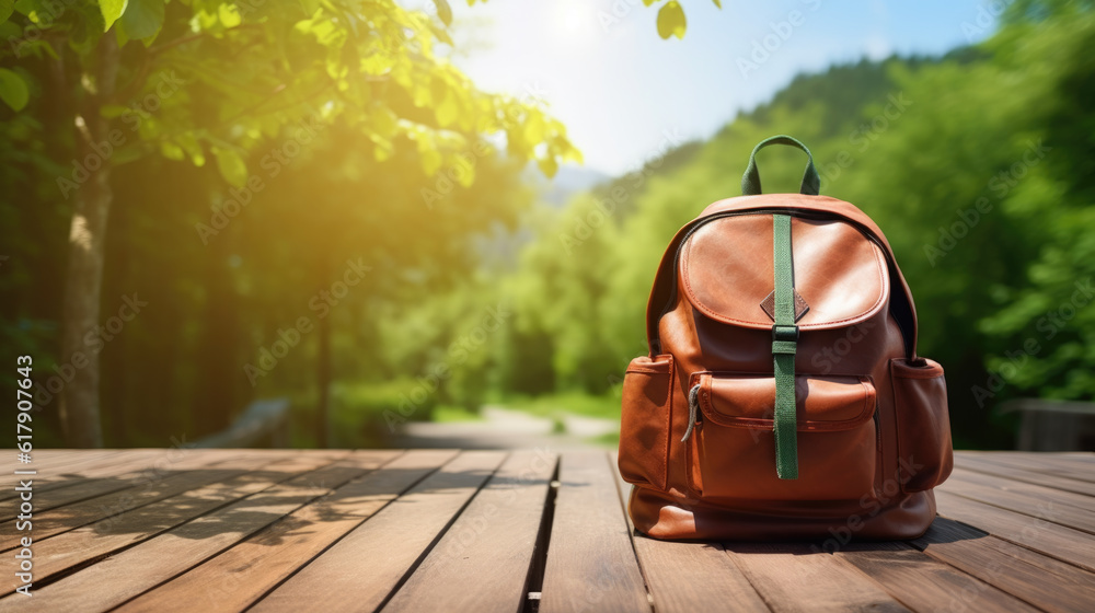 Poster backpack with accessories against a backdrop of summer nature.created with generative ai technology.