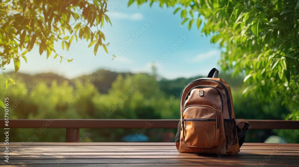 Poster backpack with accessories against a backdrop of summer nature.created with generative ai technology.