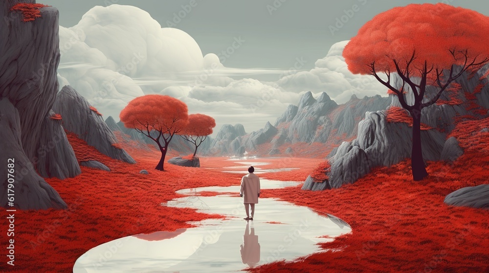 Poster an example of a person standing in a landscape that is mostly red