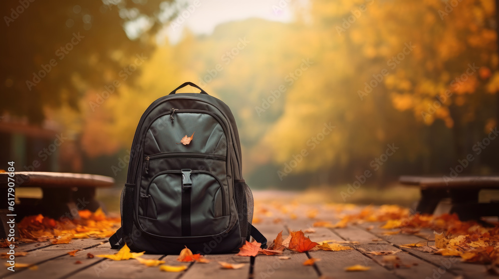 Aufkleber backpack with accessories against a backdrop of autumn nature.created with generative ai technology.