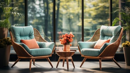 Home interior mock-up with turquoise armchairs, table and pampas, 3d render. Created with generative AI.