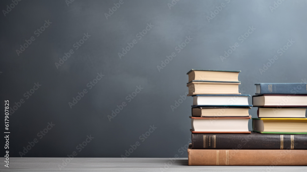 Poster a stack of books on a table against a gray wall.created with generative ai technology.