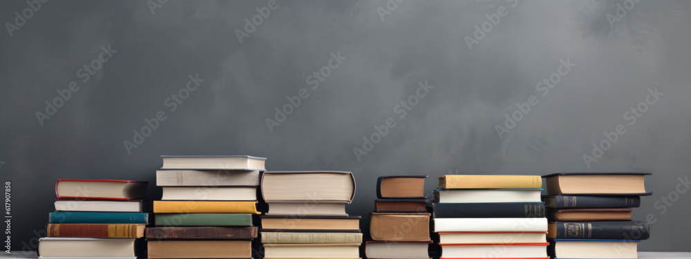 Poster a stack of books on a table against a gray wall.created with generative ai technology.