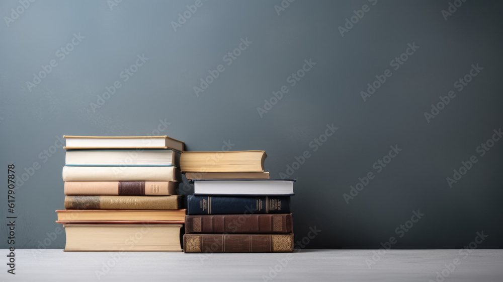 Poster a stack of books on a table against a gray wall.created with generative ai technology.