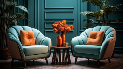 Obraz premium Home interior mock-up with turquoise armchairs, table and pampas, 3d render. Created with generative AI.
