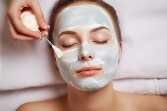 Woman with eyes closed and white facial mask on face in SPA, Face and body care, relaxation and mental health. High quality photo