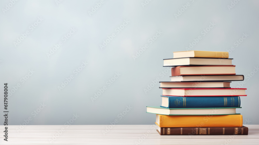 Poster a stack of books on a table against a gray wall.created with generative ai technology.