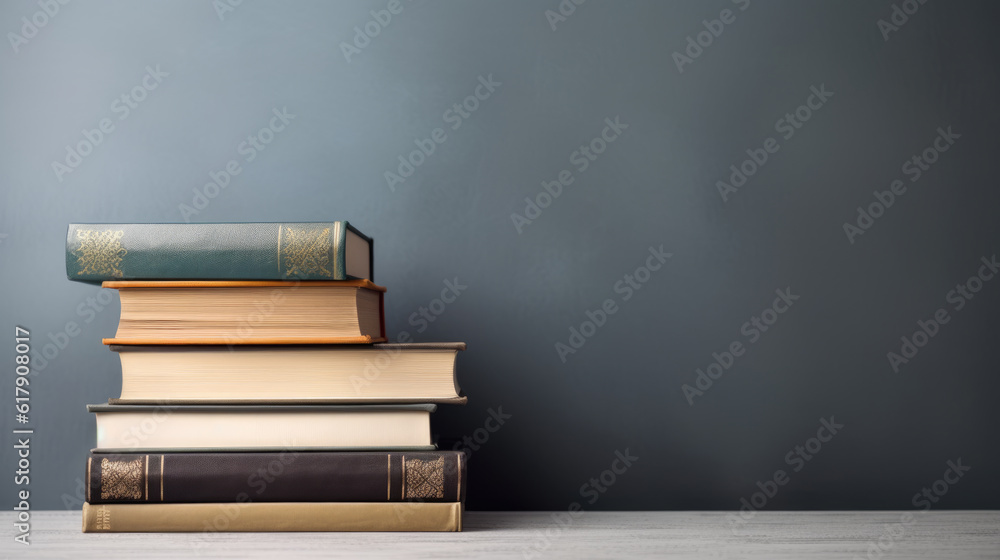 Poster a stack of books on a table against a gray wall.created with generative ai technology.