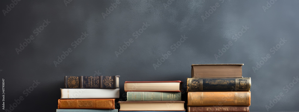 Poster a stack of books on a table against a gray wall.created with generative ai technology.