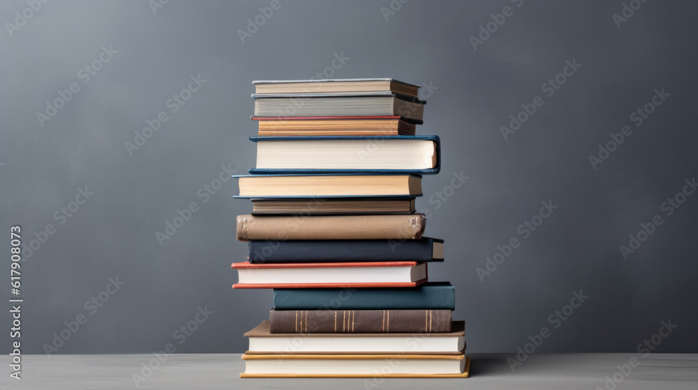 Poster a stack of books on a table against a gray wall.created with generative ai technology.