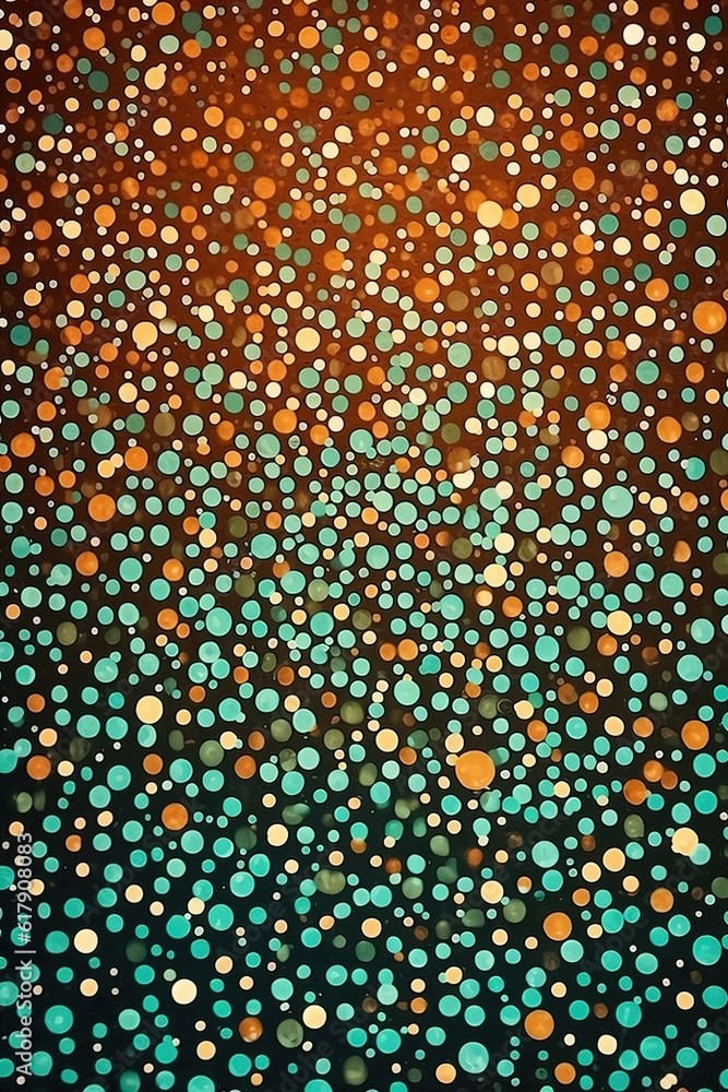 Poster an artwork consisting of several dots of many colors placed on a black backdrop
