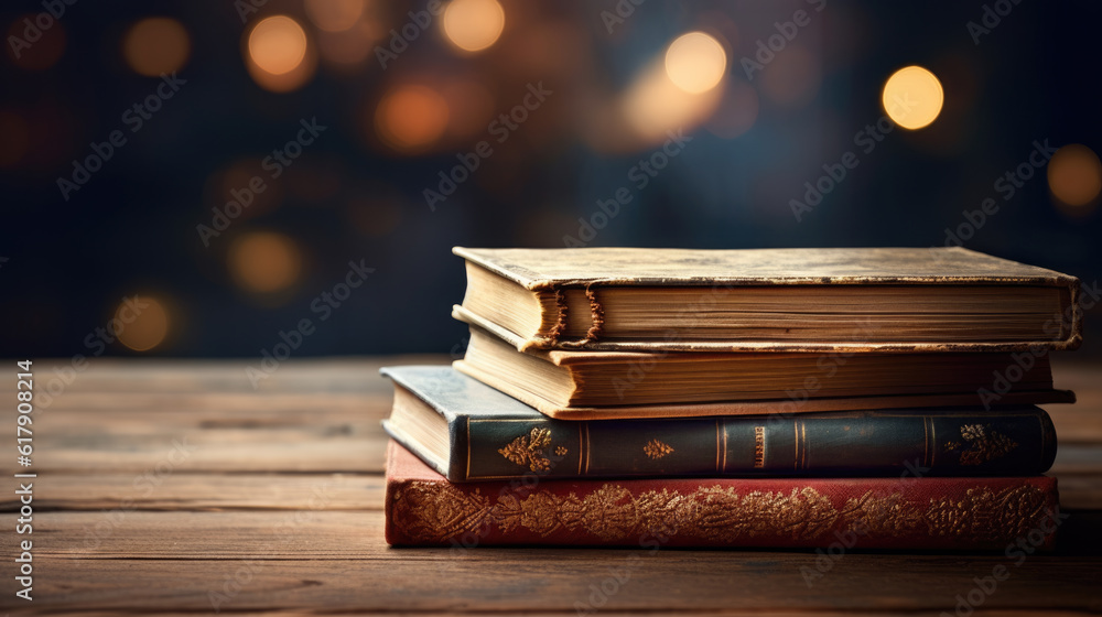 Poster stack of old books on wooden table above dark background with lights .created with generative ai tec