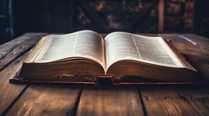 Old opened book on wooden table in library .Created with Generative AI technology.