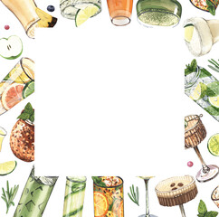 Watercolor frame, cocktail glasses: martini, gin,margarita,mojito,liquor,rum,moscow mule. Hand-drawn illustration isolated on white background. Perfect for recipe lists with alcoholic drinks, for cafe
