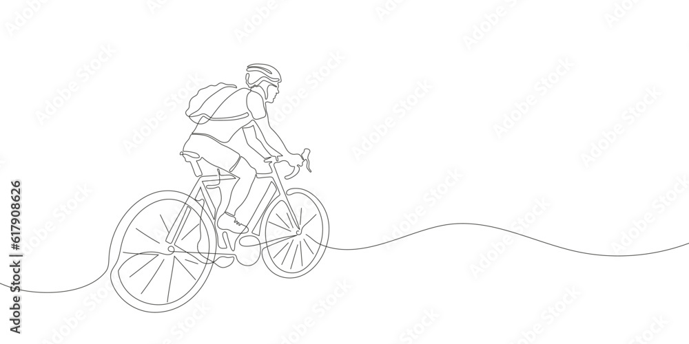 Wall mural a cyclist or cyclist rides down the street. continuous one line drawing of sports man. vector illust