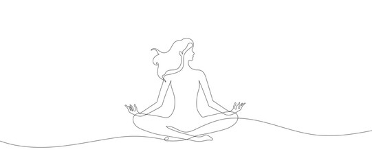 Continuous one line drawing. Woman sitting cross legged meditating. Vector illustration. 