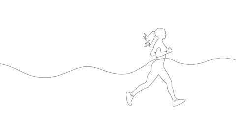 Woman running drawn in a continuous one line drawing. . Vector illustration